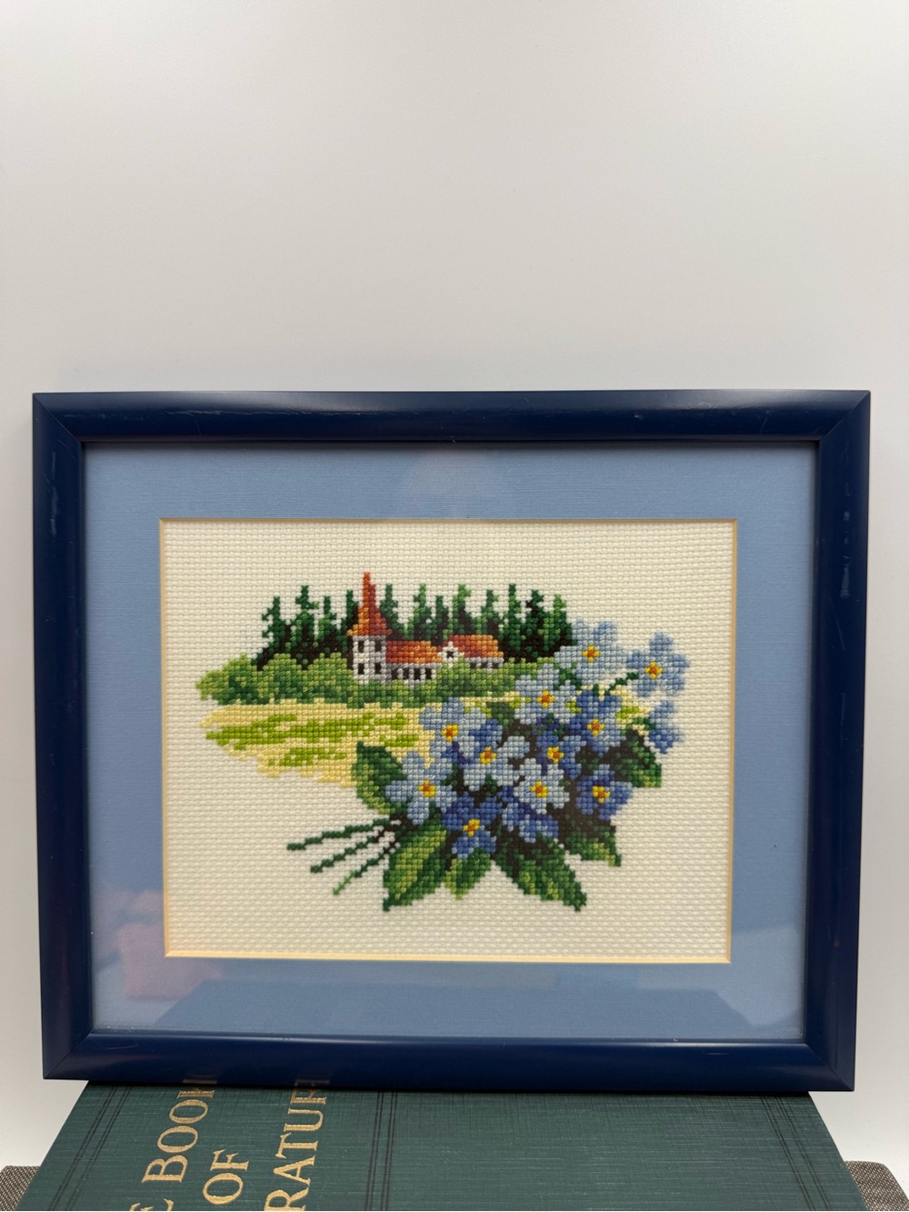 Vintage Blue Floral Framed Cross Stitch 10x9